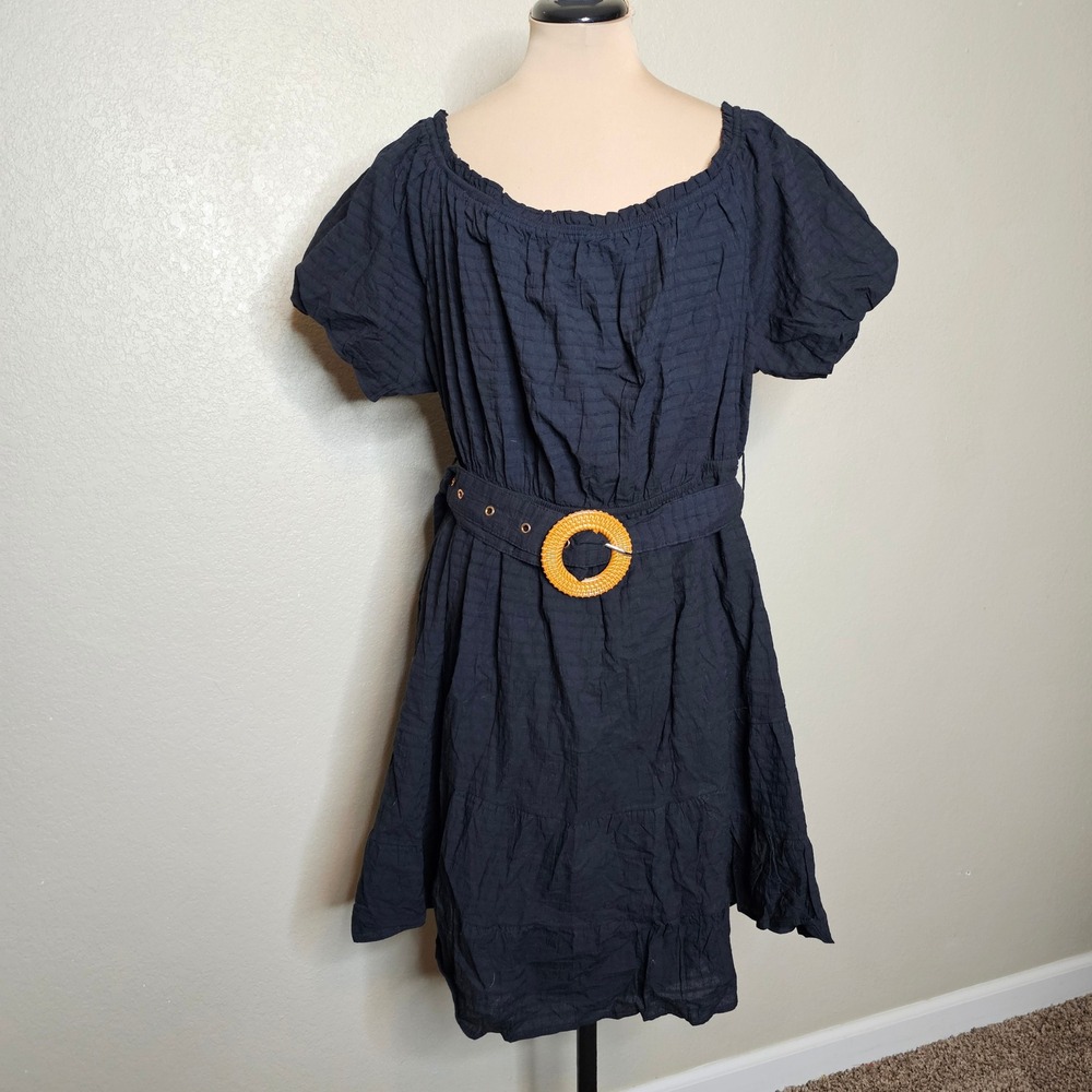 FIRST LOVE BY LOVELYN Black Textured Off Shoulder Puff Sleeve Belted Dress 3X‎